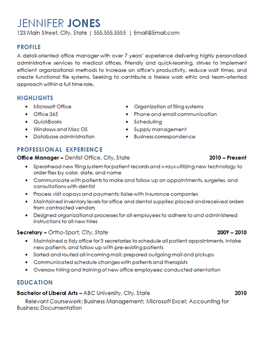 office management resume example