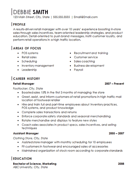 retail store manager resume example