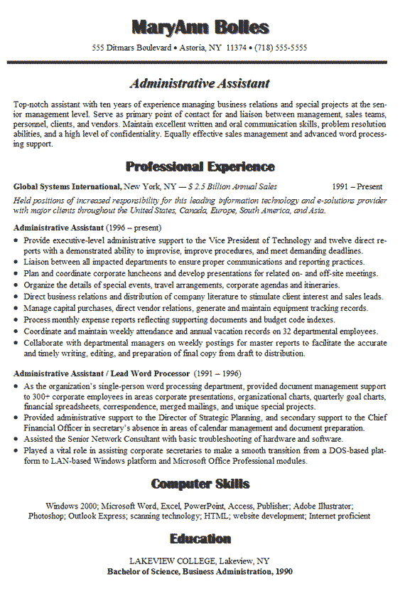 administrative resume example
