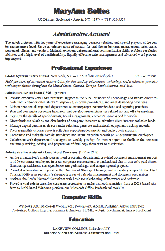 admin assistant resume summary