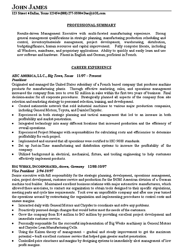 Manufacturing Executive Resume Example