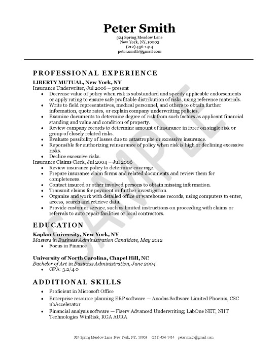 Insurance Underwriter Resume Example