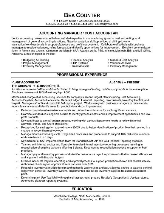 Cost Accountant Resume Example