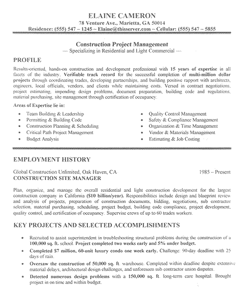 Construction Manager Resume Example Sample