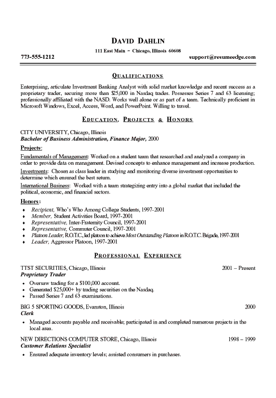 recent college graduate finance resume