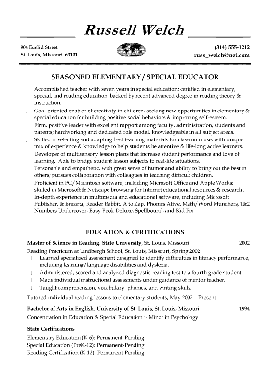 Special Education Teaching Resume Example