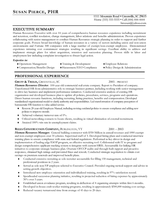 Human Resources Resume Example - Sample