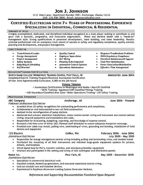 Journeyman Electrician Electrician Resume Sample