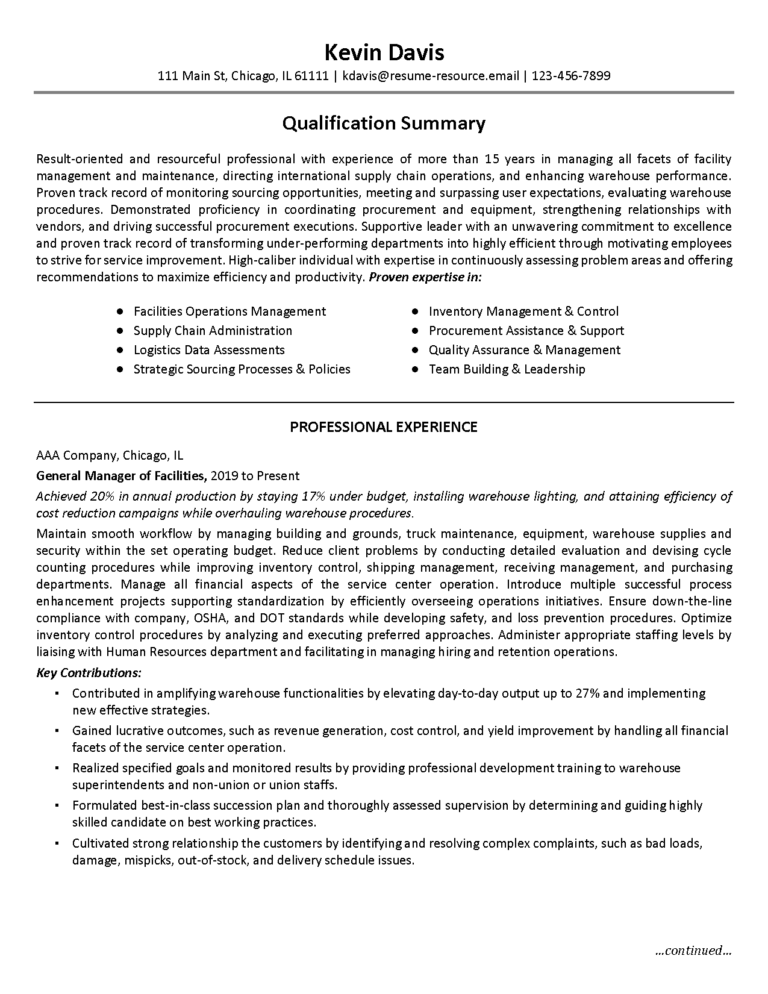00002 facilities manager resume example Page 1