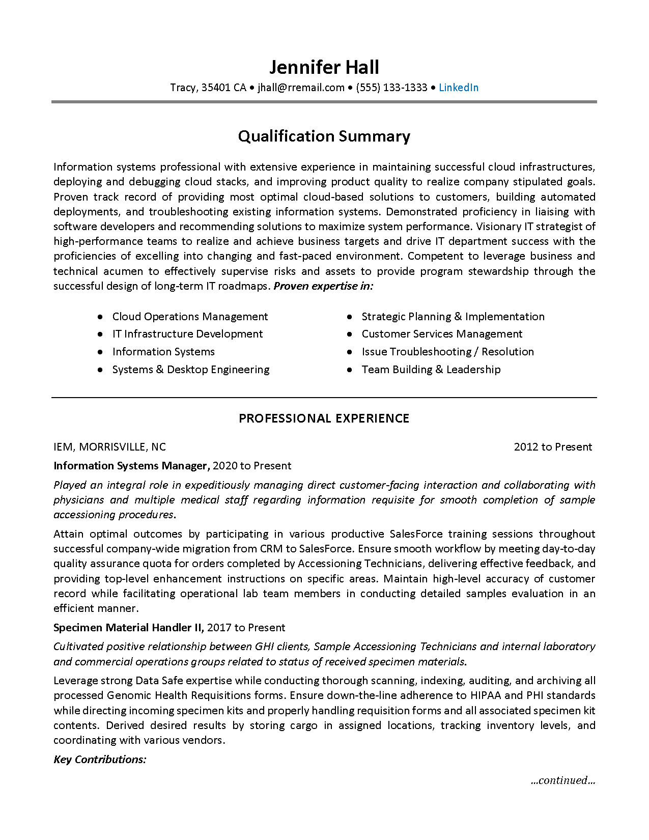 Information systems resume example Page 1