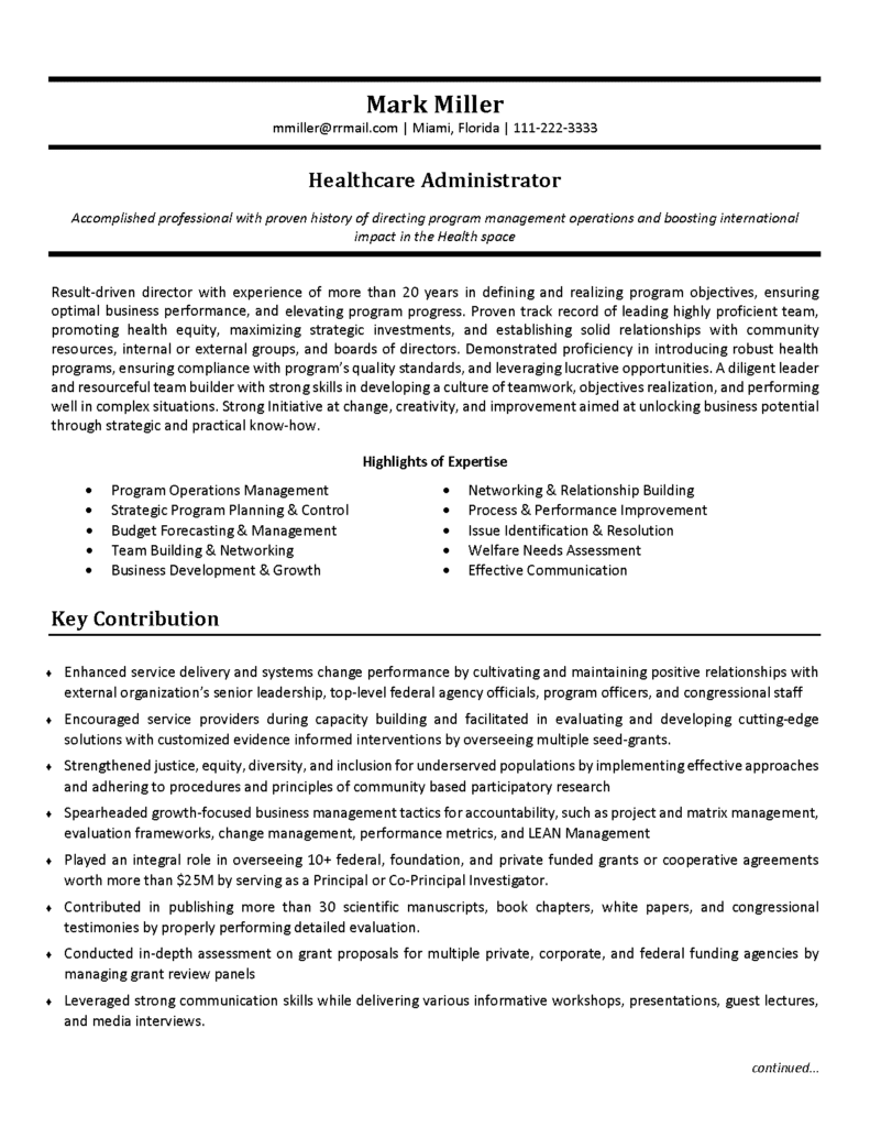 Healthcare Resume Example Sample   00126 Healthcare Administrator Page 1 791x1024 