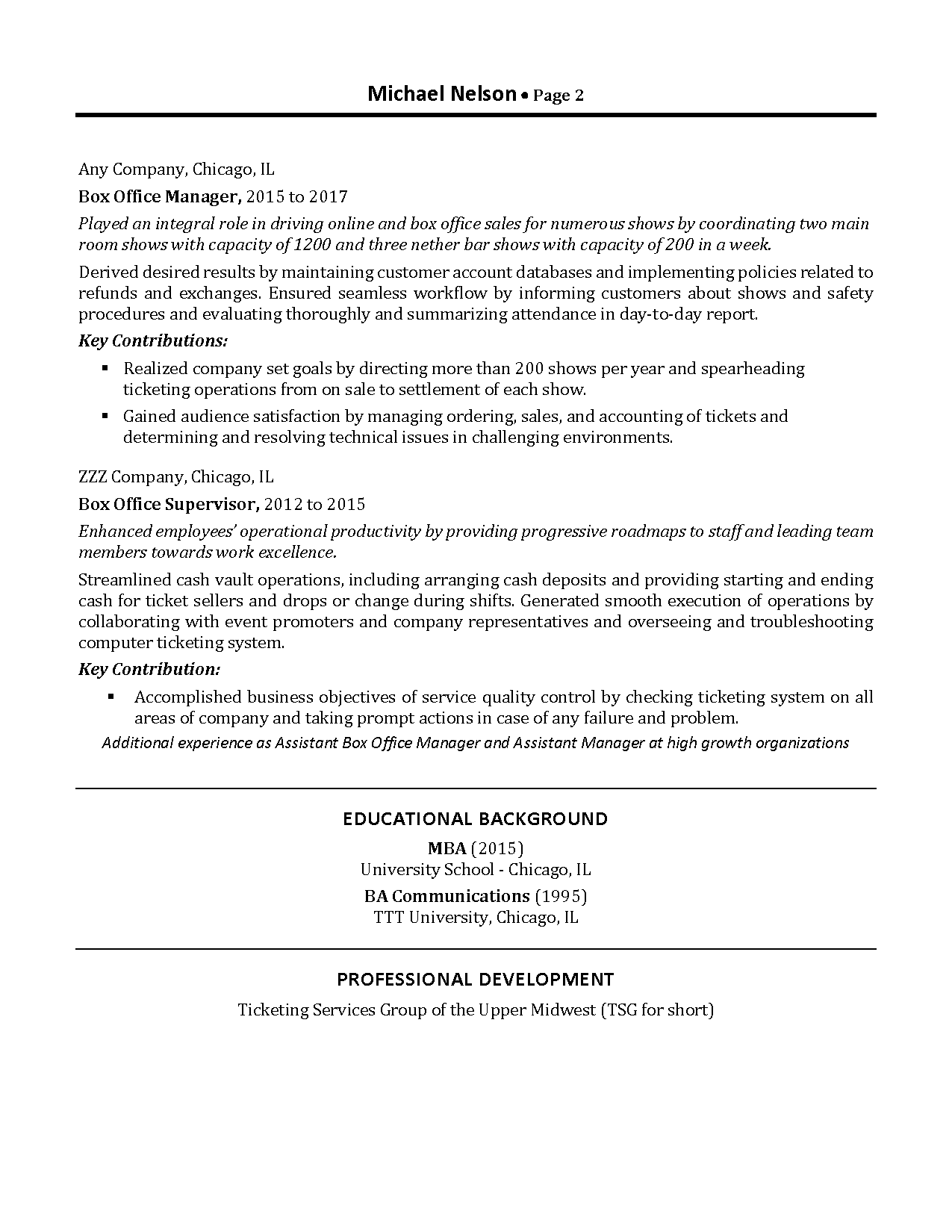 box office manager resume Page