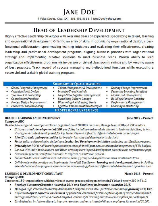 resume leadership experience examples