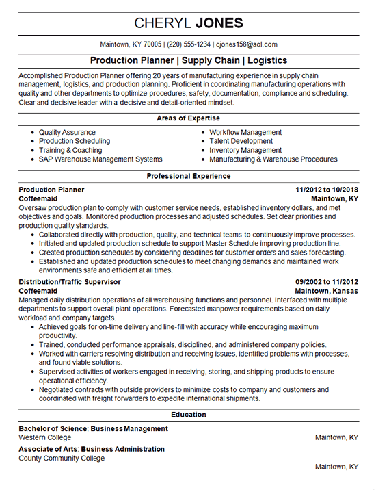 Production Planner Resume Example