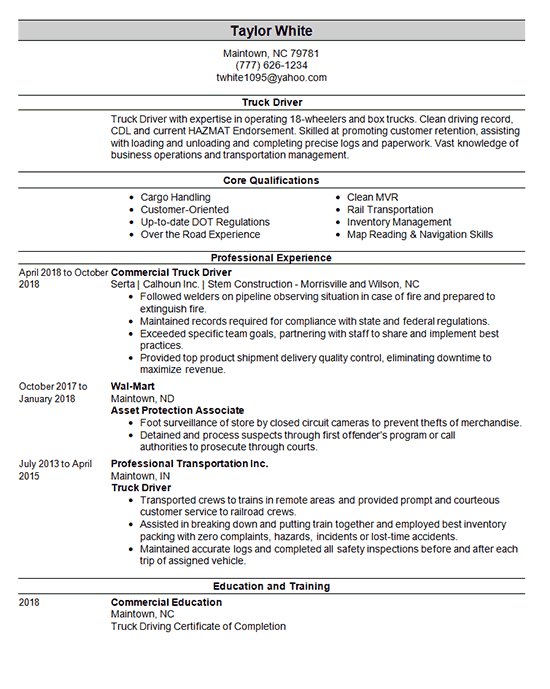 058 commercial truck driver resume