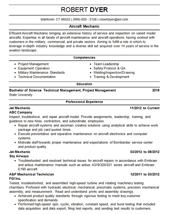 Aircraft Mechanic Resume Example - Airplane Maintenance