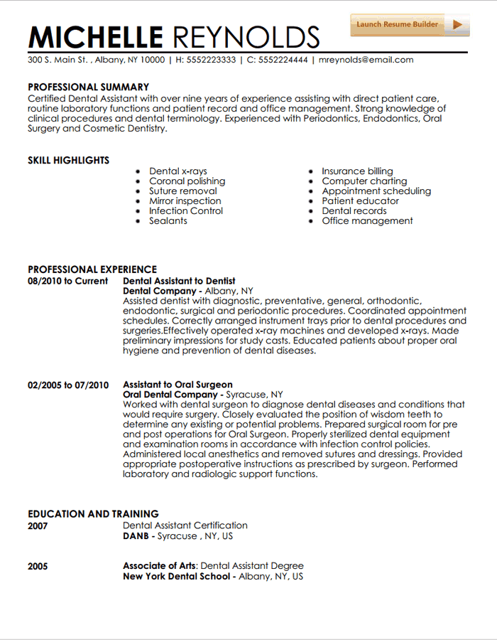 Resume Template For Dental Assistant