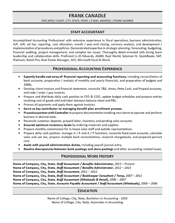 Accountant Resume Example Best Sample for Staff Accountant