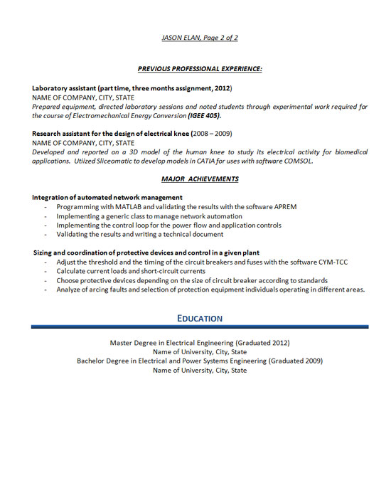 Electrical Engineer Resume Example