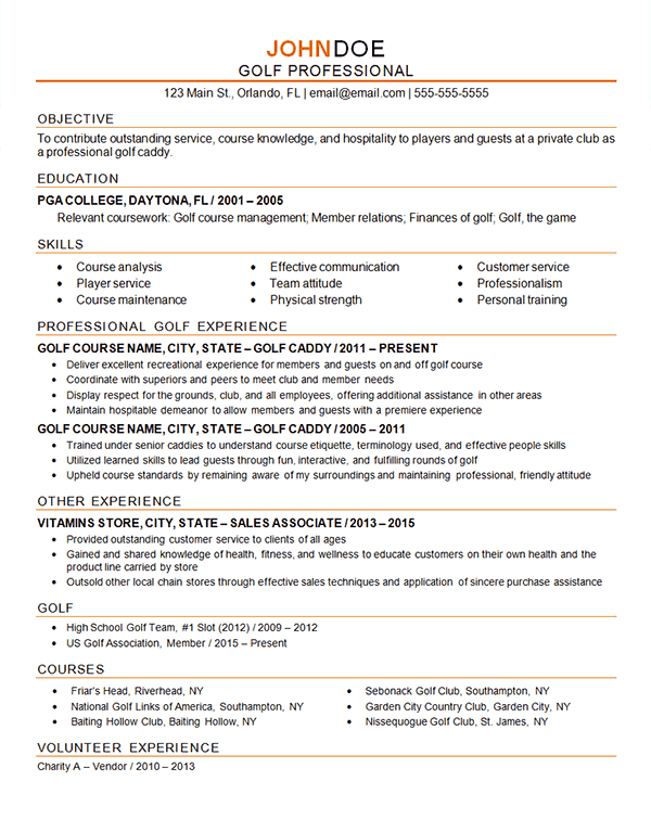 golf professional resume example - caddy
