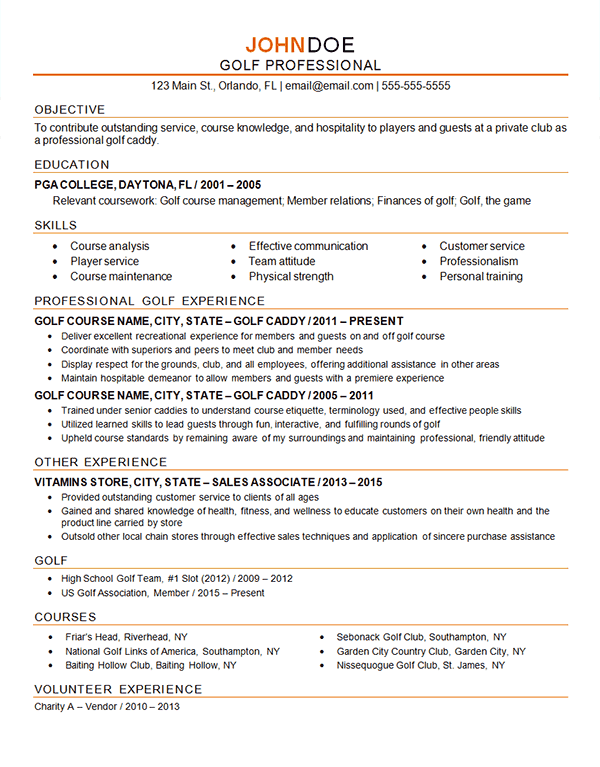 Golf Professional Resume Example