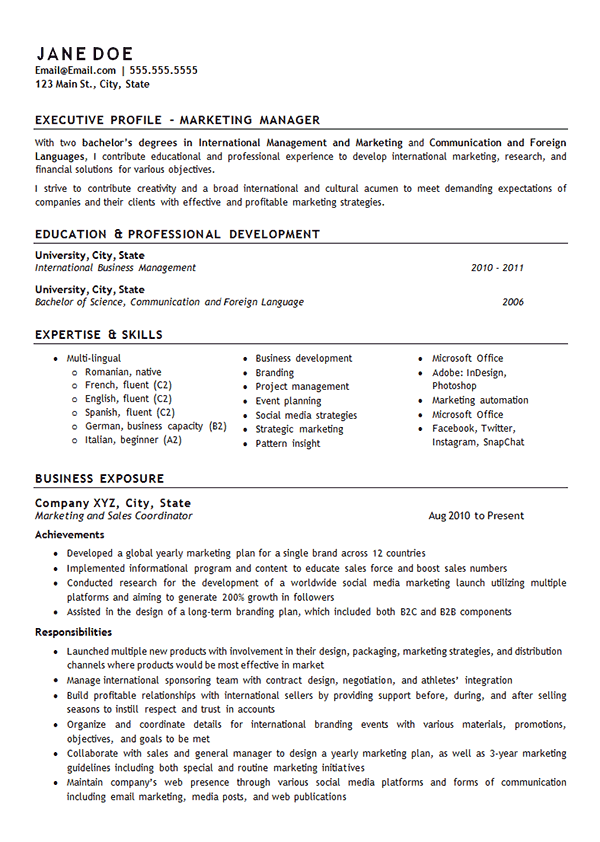 Marketing Manager Resume Example