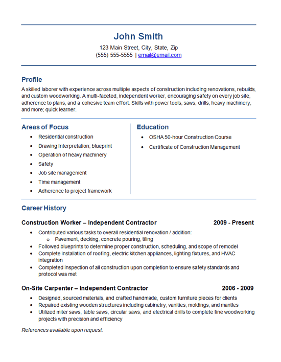 Independent Contractor Resume Example Construction Labor Trades