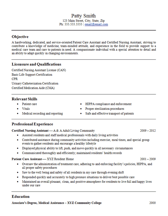 Patient Care Assistant Resume Example - CNA