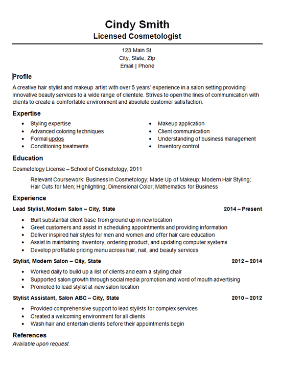 Cosmetology Resume Example Template