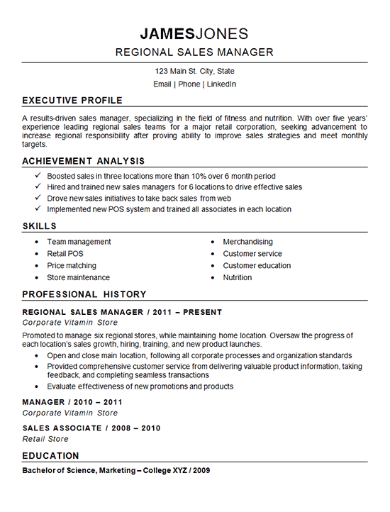 Regional Sales Manager Resume Example - Nutrition Fitness