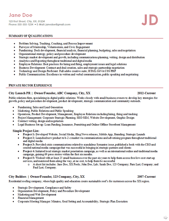 Entrepreneur Resume Example Business