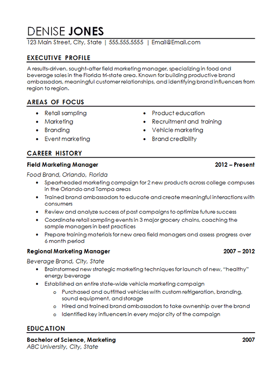 Regional Marketing Resume Example Field Marketing Food Beverage