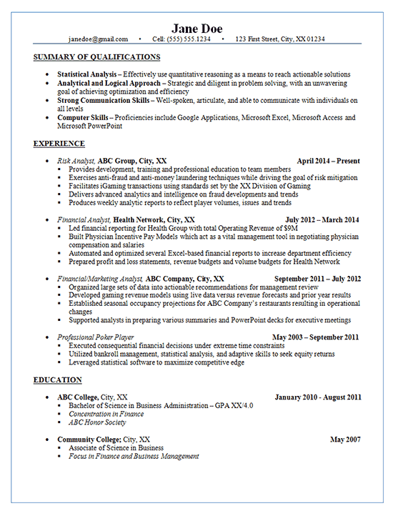 Risk Analyst Resume Example - Financial & Marketing Analysis