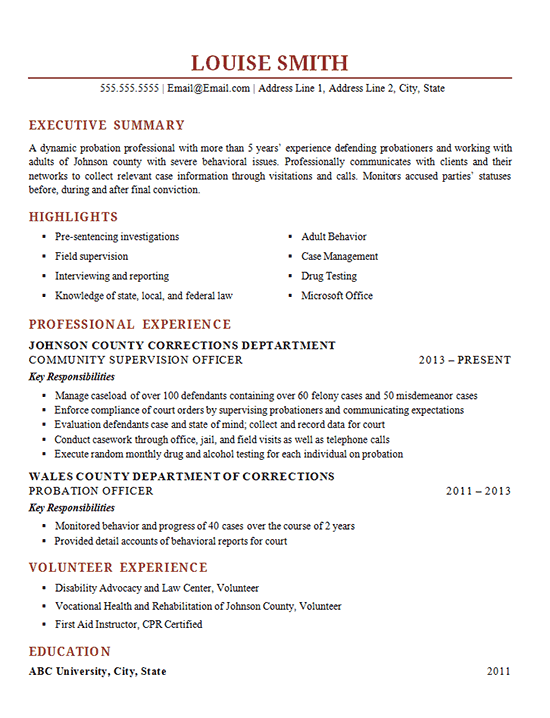 probation officer resume example