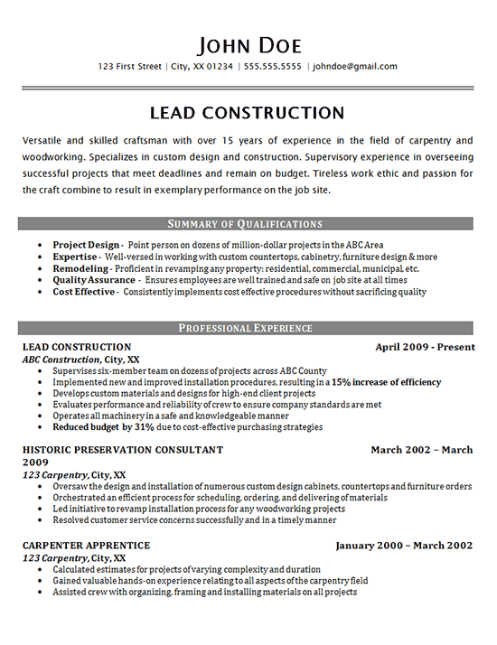 resume summary examples construction