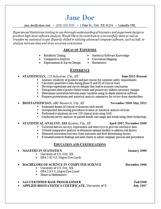statistician resume example