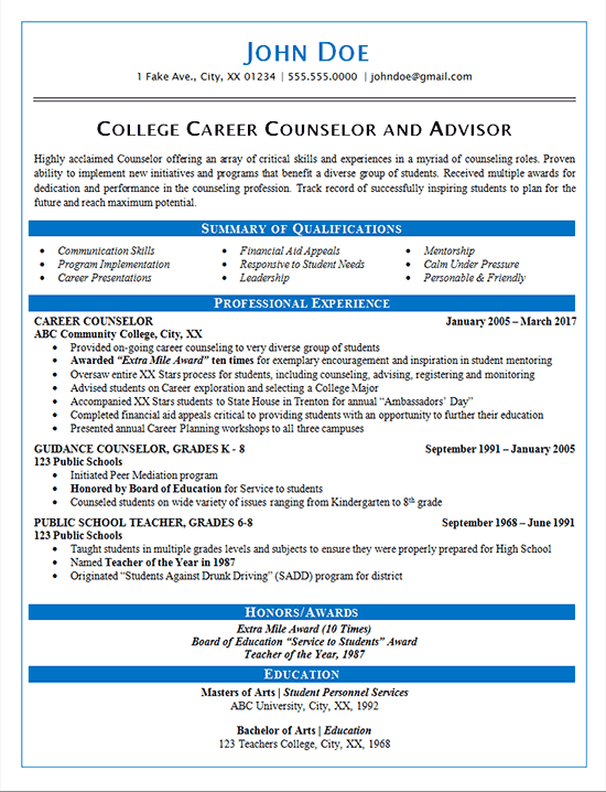 Career Counselor Resume Example Guidance And College