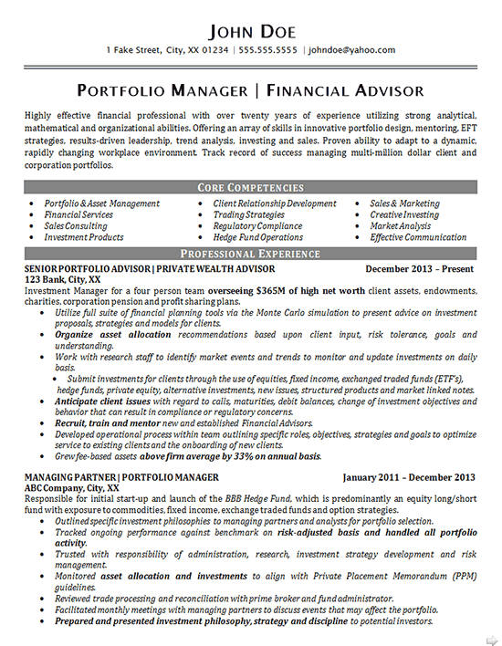 Portfolio Manager Resume Example Financial Advisor