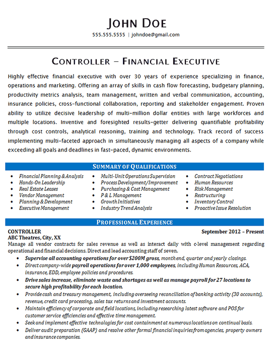 Controller Resume Example Financial & Operations Executive