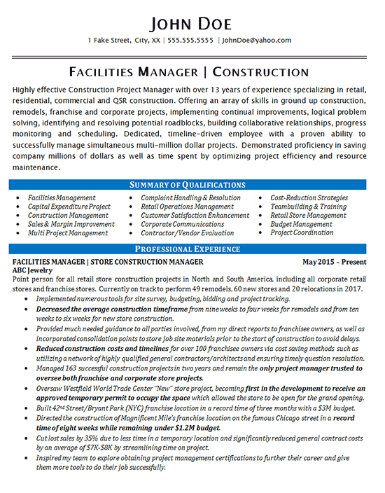 Facilities Cv Example