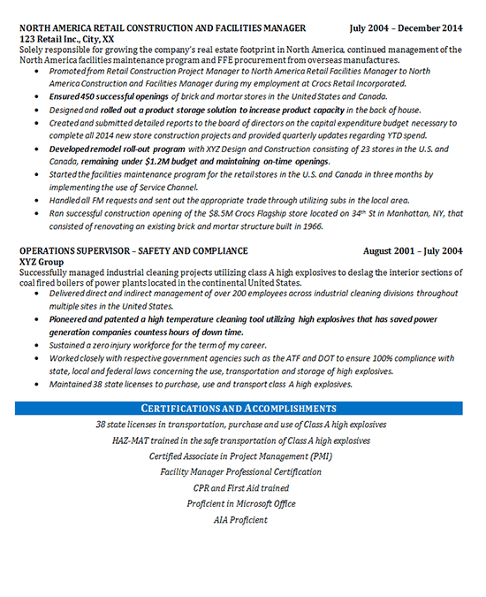 Facilities Manager Resume Example Construction Projects