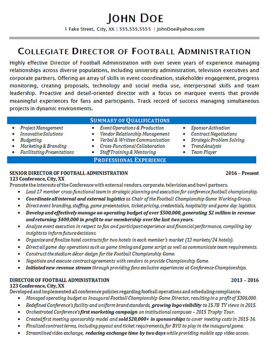 Athletic Director Resume Example Football Sports Management