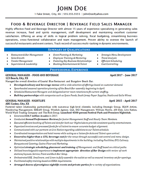 food and beverage manager resume objective examples