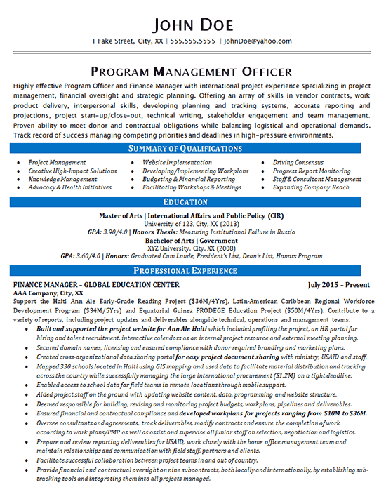 Program Manager Resume Example Finance And Global Education