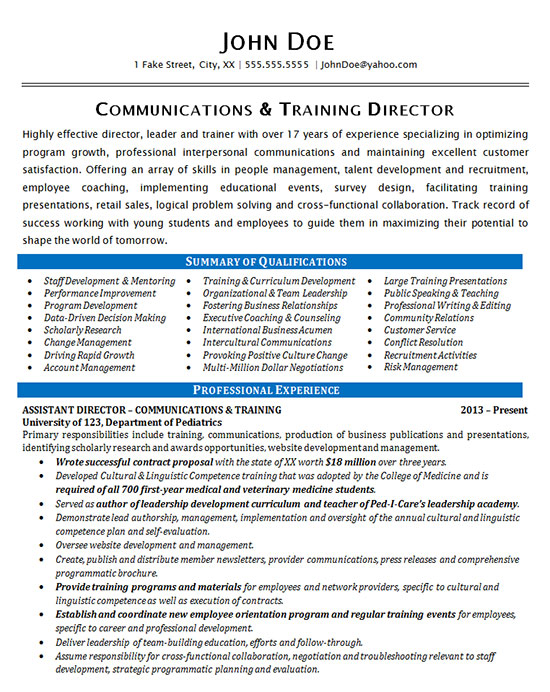 communications resume sample training