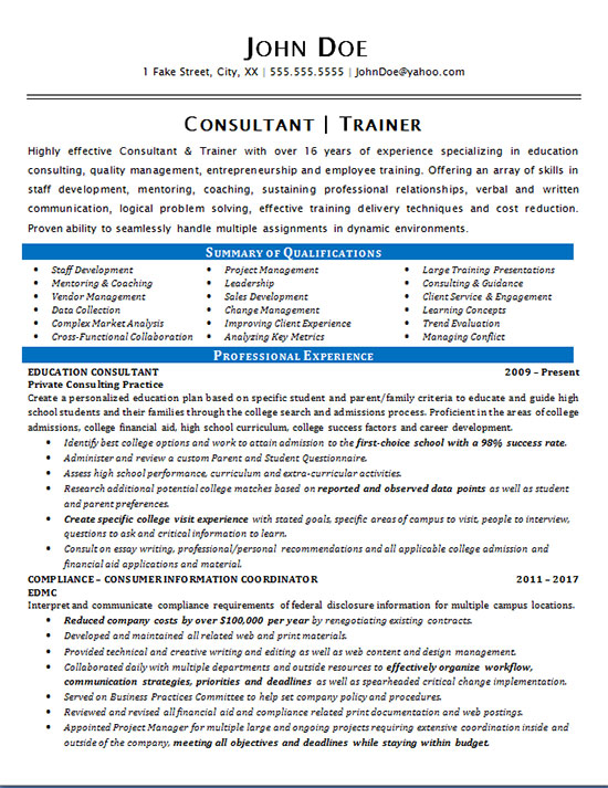 consultant trainer resume sample