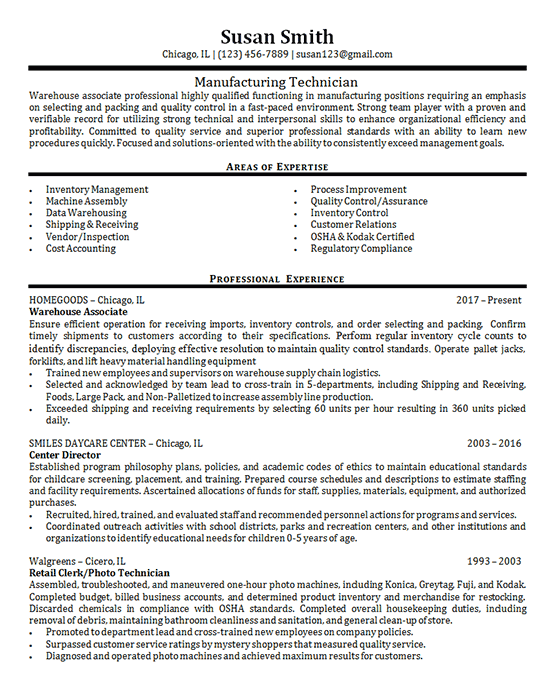 Manufacturing Technician Resume Example