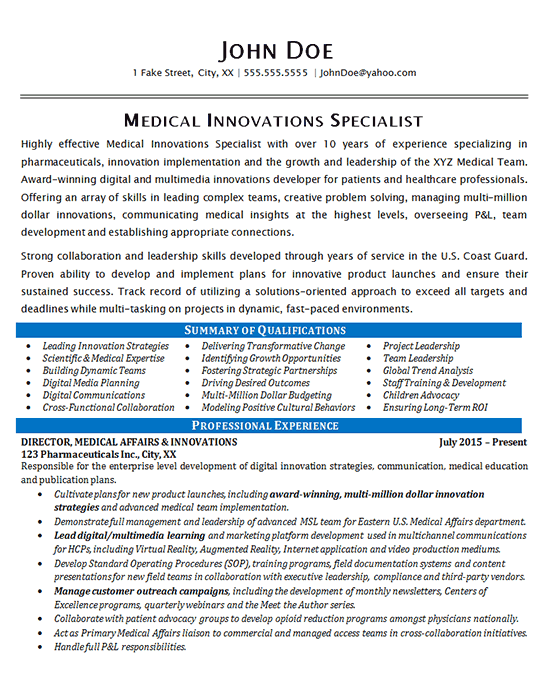 Medical Specialist Resume Example