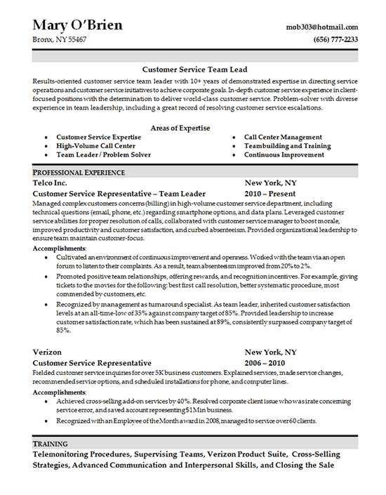 Customer Service Skills Resume - Team Lead