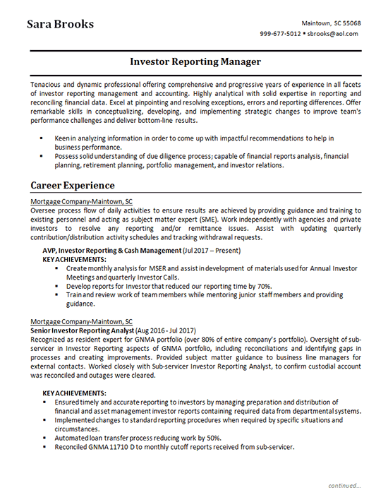investment analyst resume example